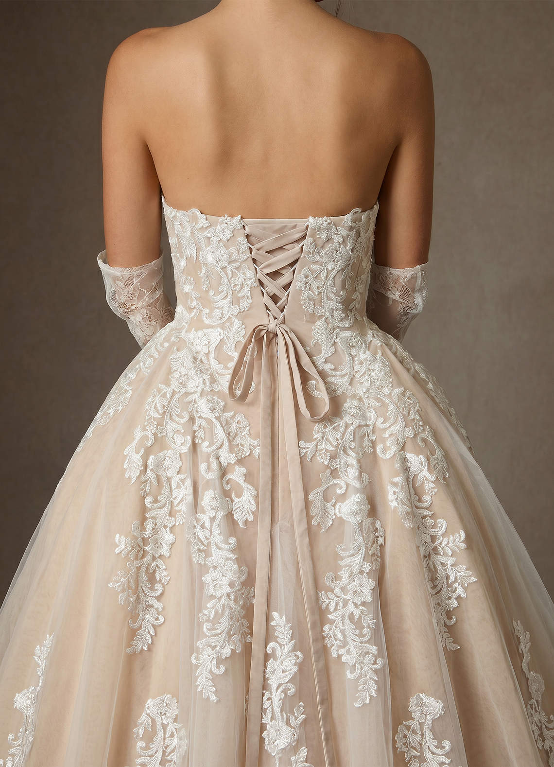 Azazie Sonnet At-home Try On Dresses Diamond White Champagne Ball-Gown Strapless Lace Dress image7