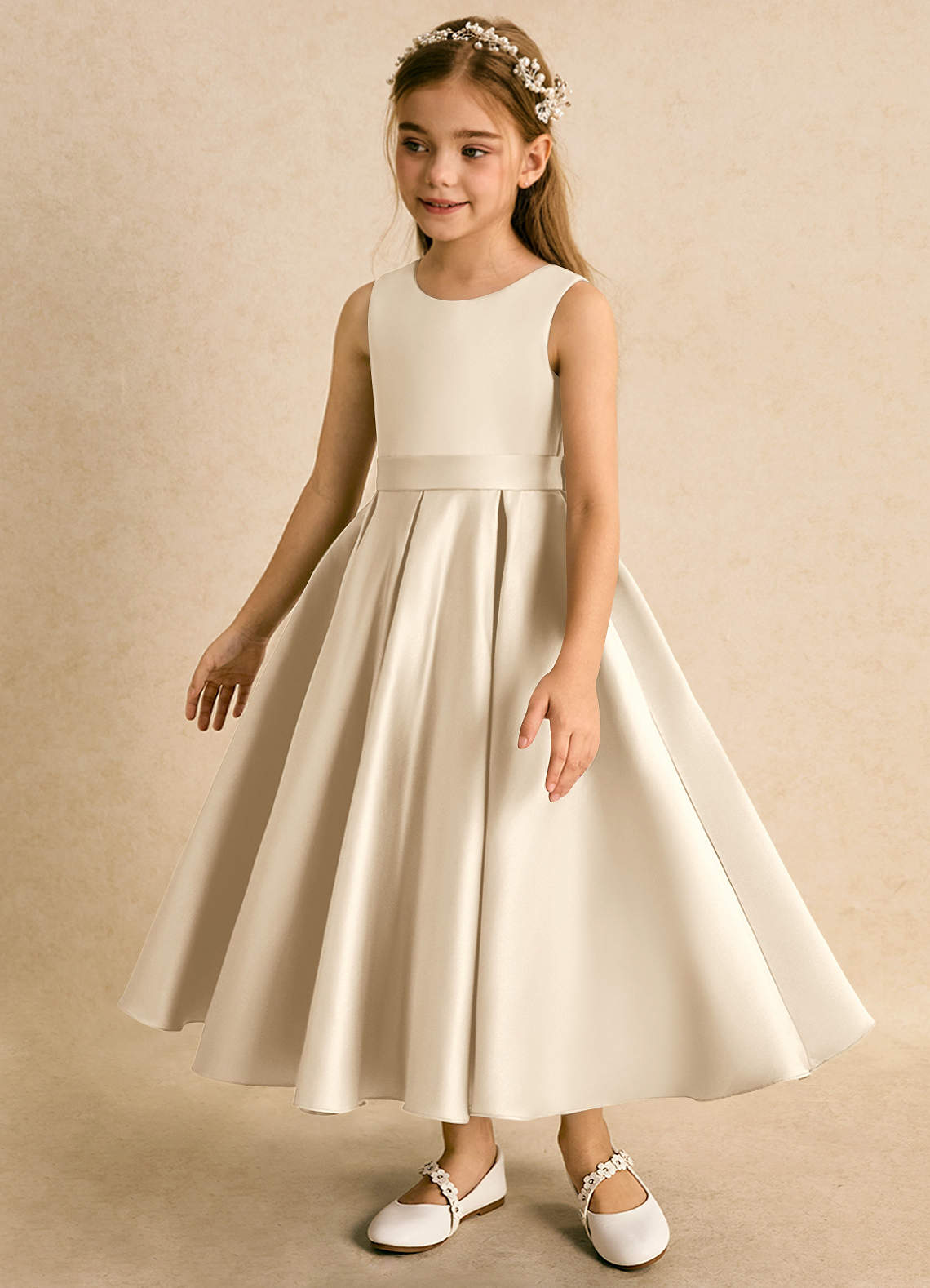 Azazie Junebuj vestidos de niña de las flores Vestido de Champán de Satin Mate de Princesa con Plisado image2