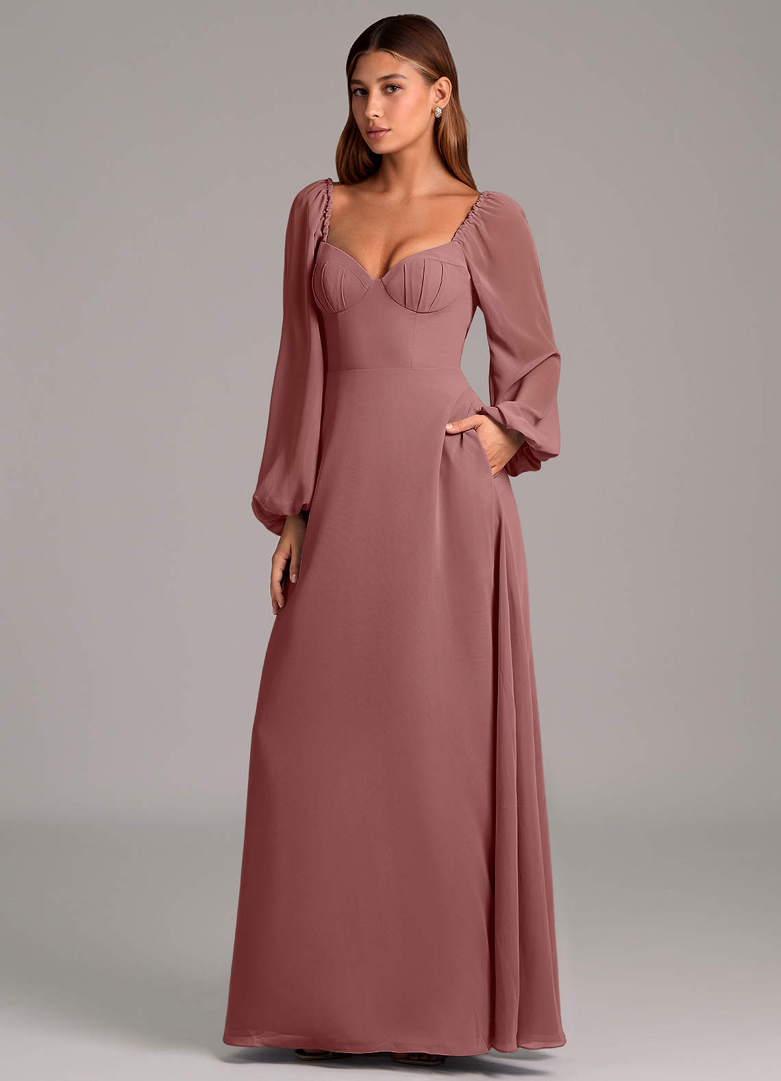 Azazie Annistyn 신부 들러리 드레스 A라인 긴팔 쉬폰 바닥 길이 드레스 image1