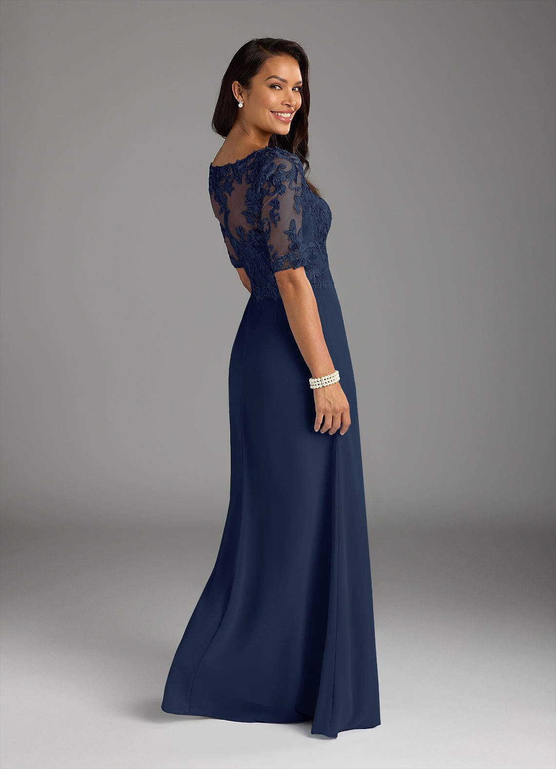 Azazie Amedeus Mother of the Bride Dresses Dark Navy A-Line V-Neck Lace Chiffon Dress image5