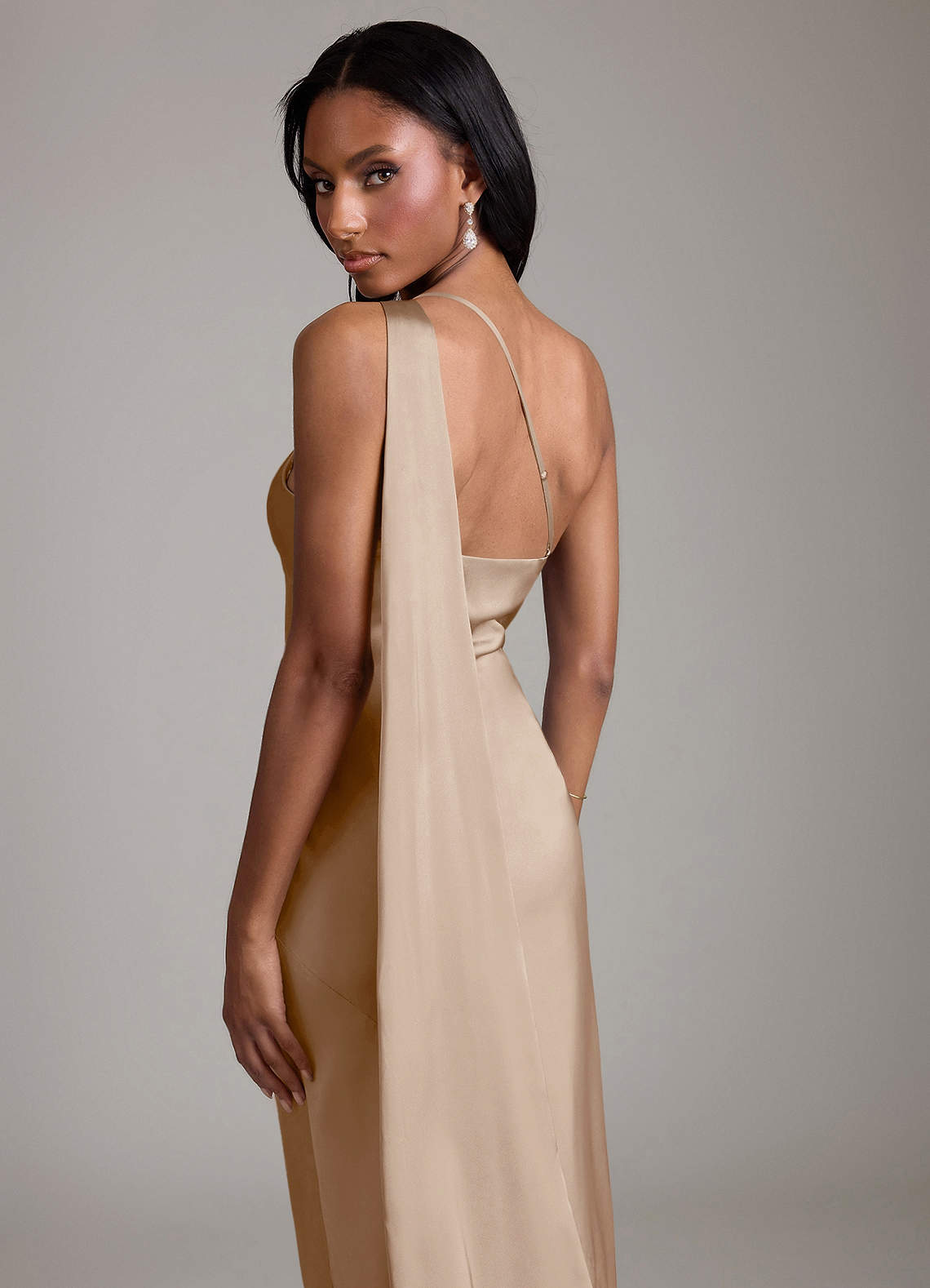Azazie Juniper Taupe Stretch Satin Bridesmaid Dresses | Azazie CA