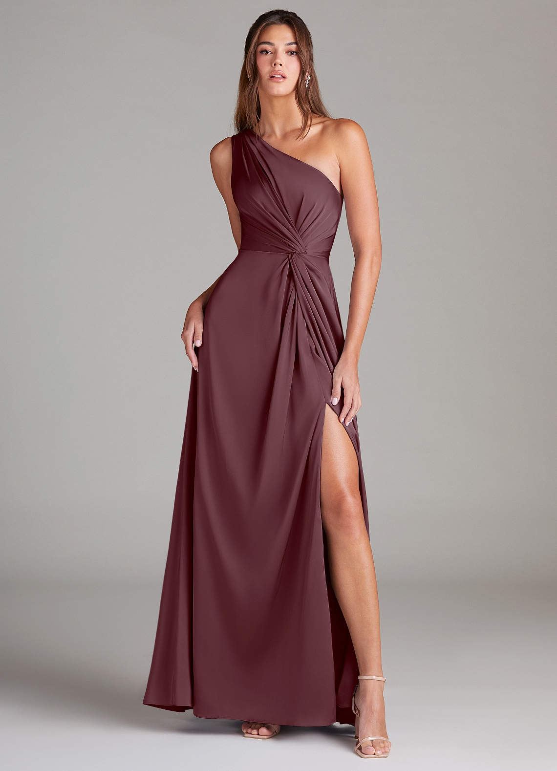 Azazie Brooke Bridesmaid Dresses Sangria A-Line One Shoulder Stretch Satin Dress image1