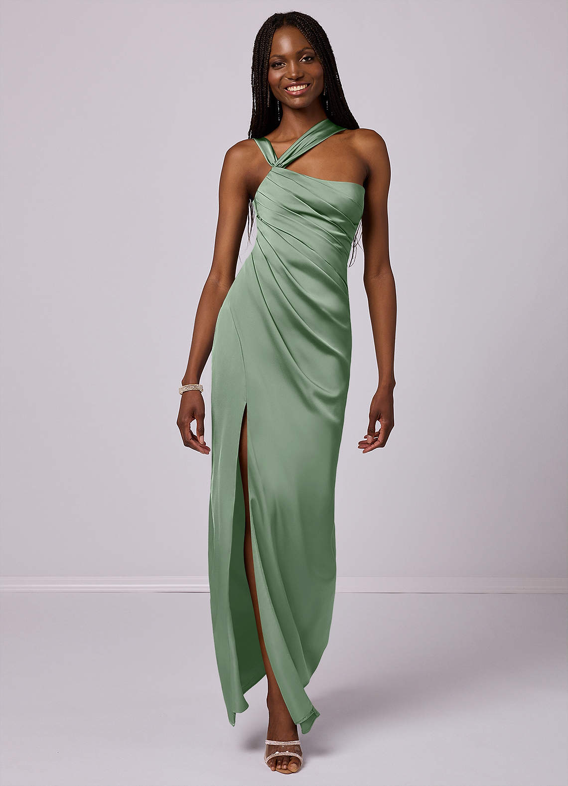 Barbie ♥ Azazie Vestidos de damas de honor Vestido de Matcha de Satén Elástico de Corte Sirena con Hombro unilateral image1