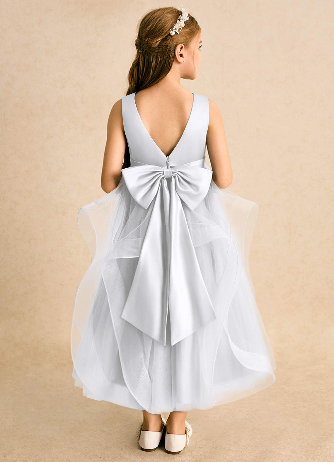 Azazie Vana Flower Girl Dresses White Ball-Gown Bow Tulle Dress image1