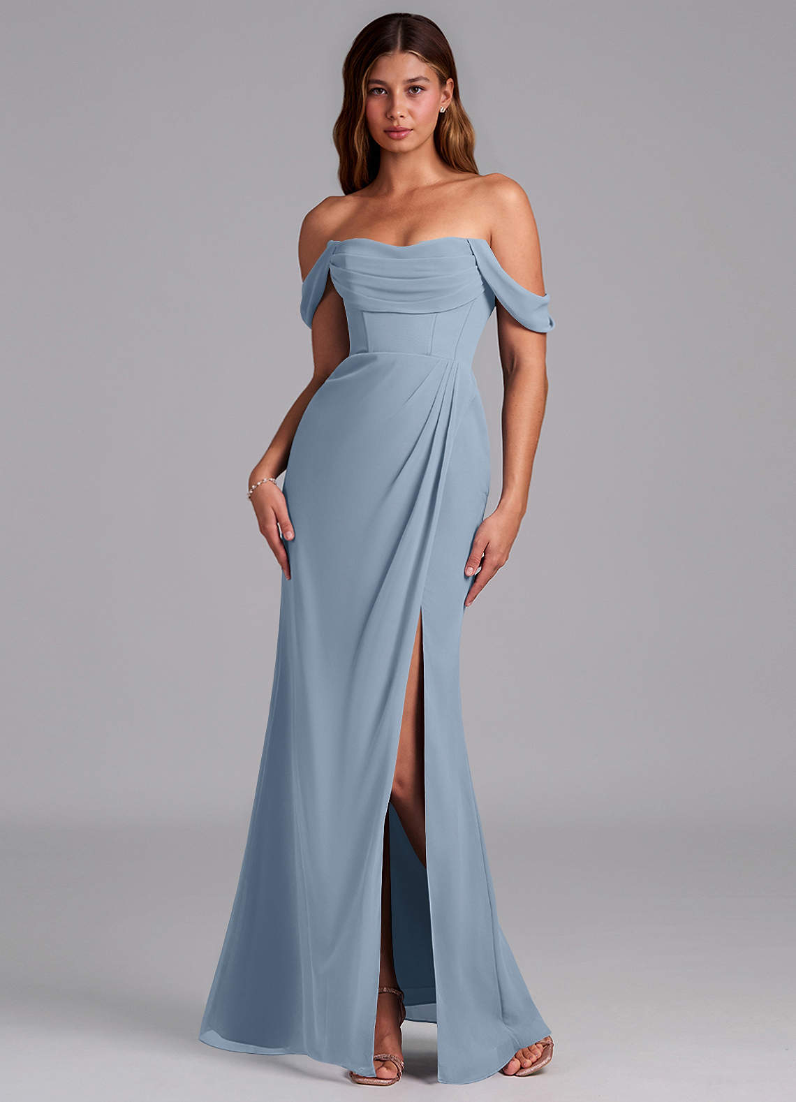 Azazie Johana Bridesmaid Dresses Dusty Blue Mermaid Off the Shoulder Chiffon Convertible Dress image6