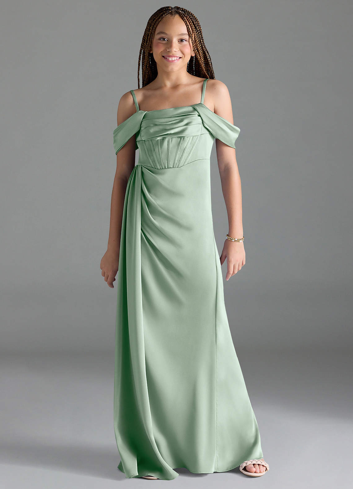 Azazie Amyra Junior Agave Sheath Off the Shoulder Stretch Satin Dress image1
