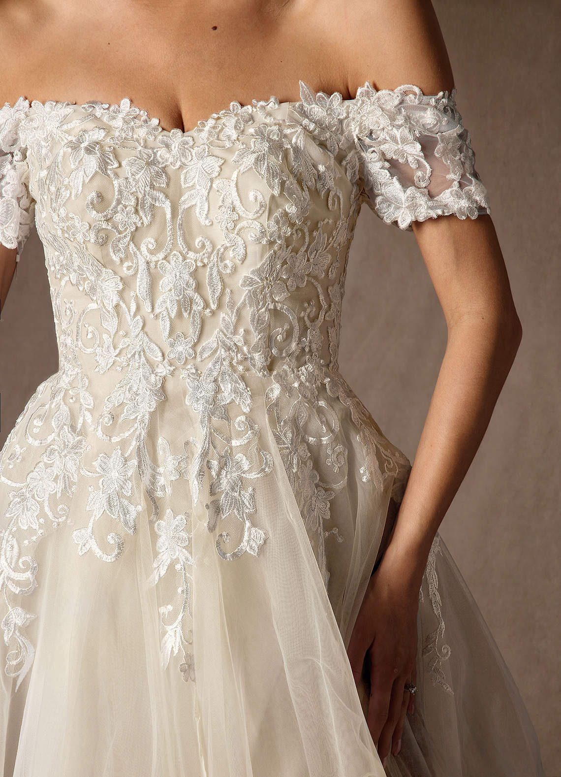 Azazie Rowe Wedding Dresses Diamond White Champagne Ball-Gown Off the Shoulder Tulle Dress image3