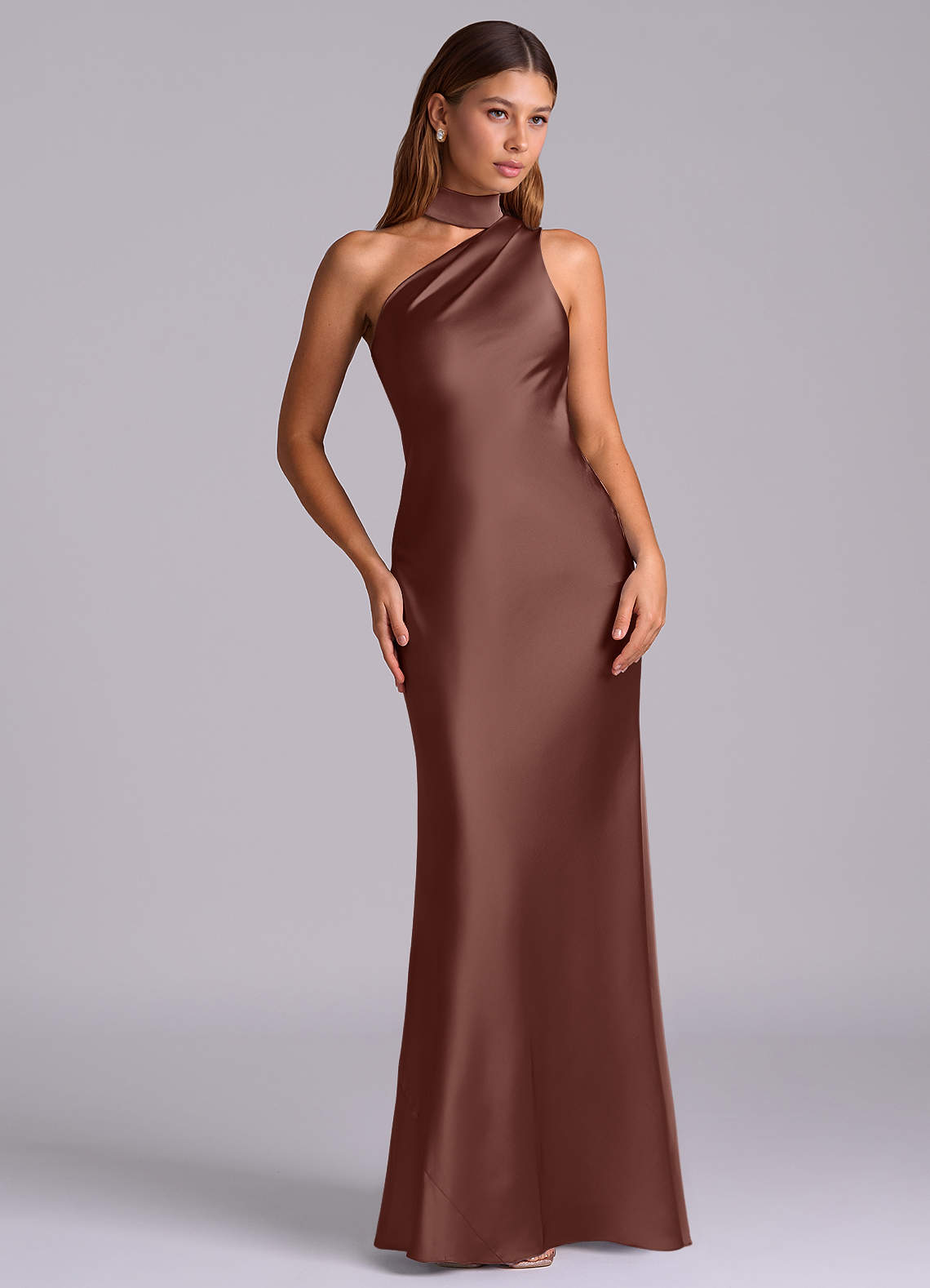 Azazie Seona Vestidos de madrinha de casamento Vestido Café Expresso de Cetim elástico de sereia com Um ombro image6