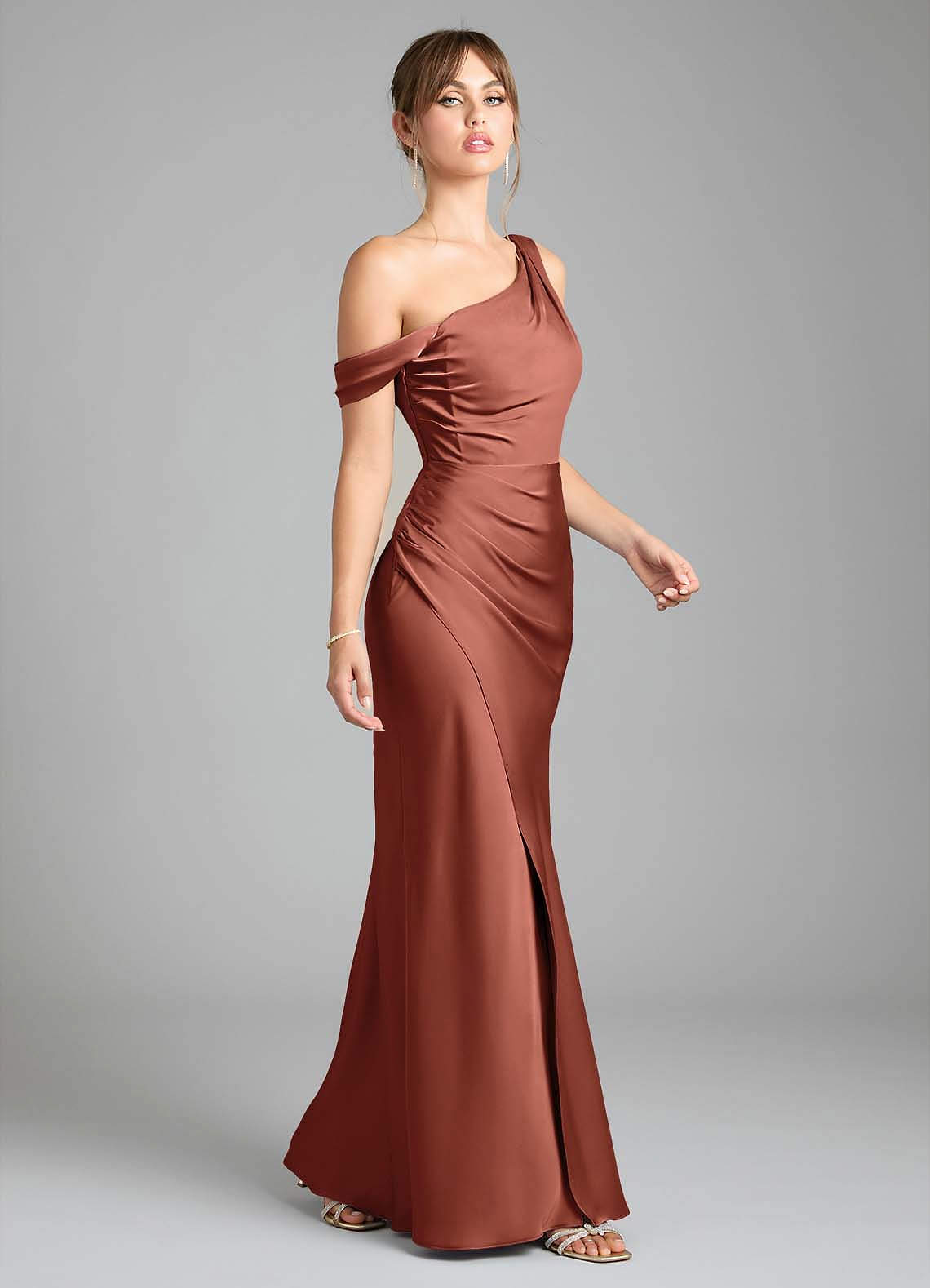 Azazie Madelyn Bridesmaid Dresses Auburn Mermaid One Shoulder Stretch Satin Convertible Dress image4