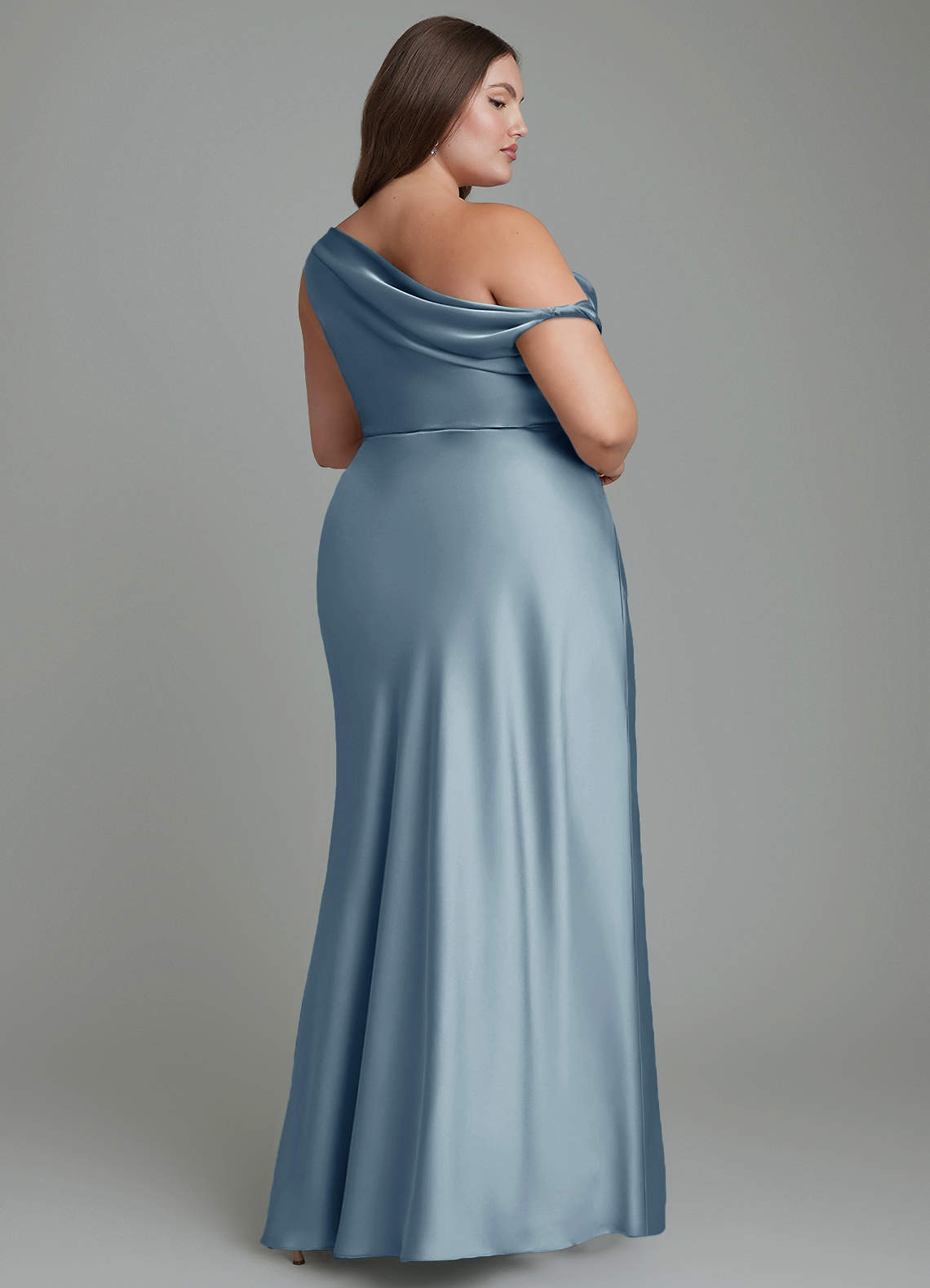 Azazie Emerson Bridesmaid Dresses Dusty Blue Mermaid Off the Shoulder Stretch Satin Dress image8