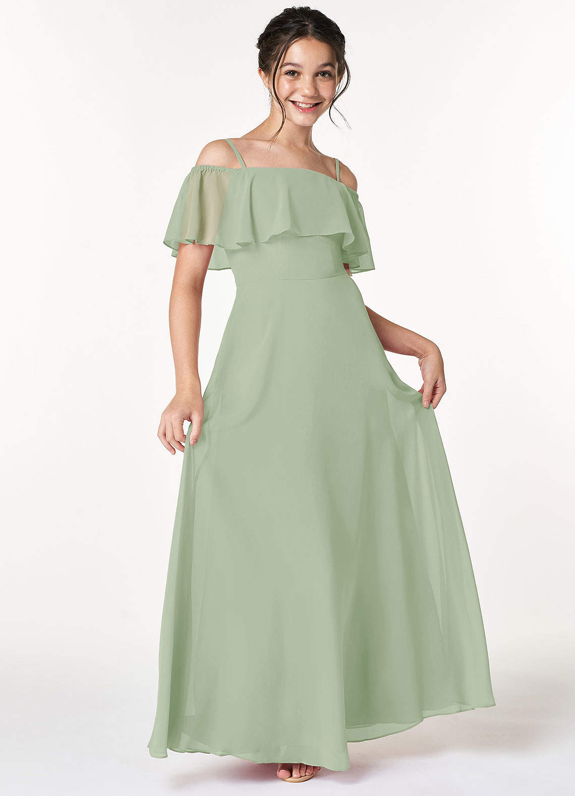 Azazie Maggie Junior Dusty Sage A-Line Off the Shoulder Chiffon Dress image2