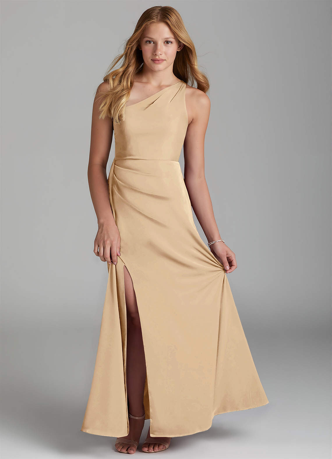 Azazie Maron Junior Champagne A-Line Pleated Stretch Satin Dress image1