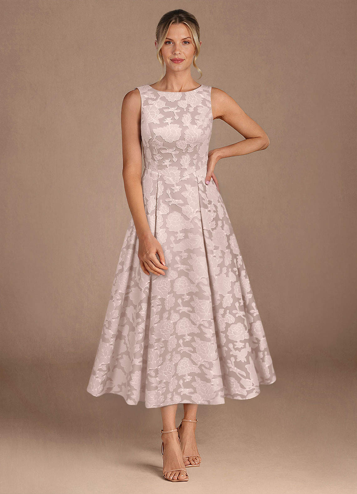 Azazie Fulton Mother of the Bride Dresses Blushing Pink A-Line Pleated Floral Burnout Dress image3