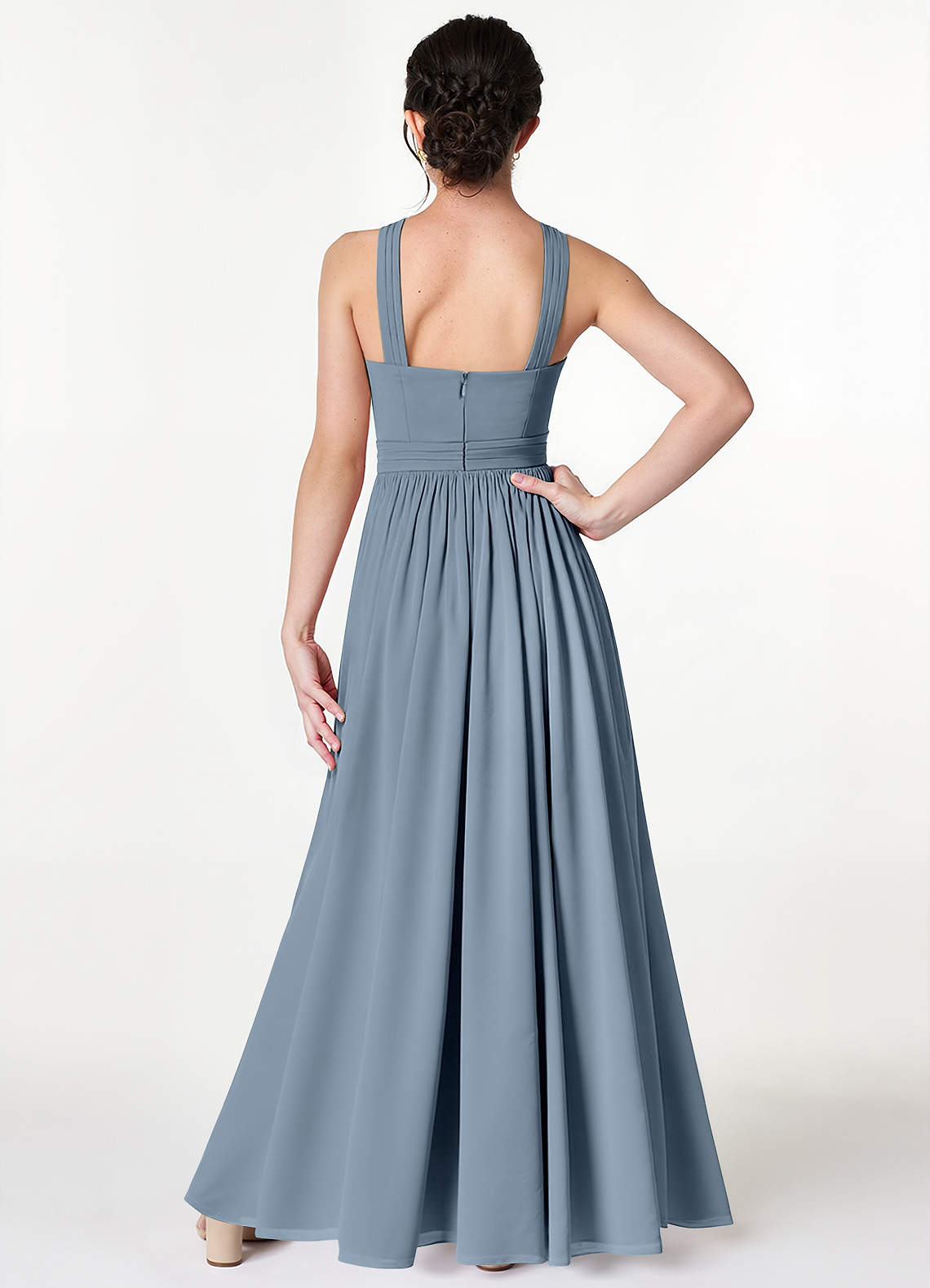 Azazie Jiya Junior Vestido de Azul Polvoriento de Malla de Corte en A con Plisado image1