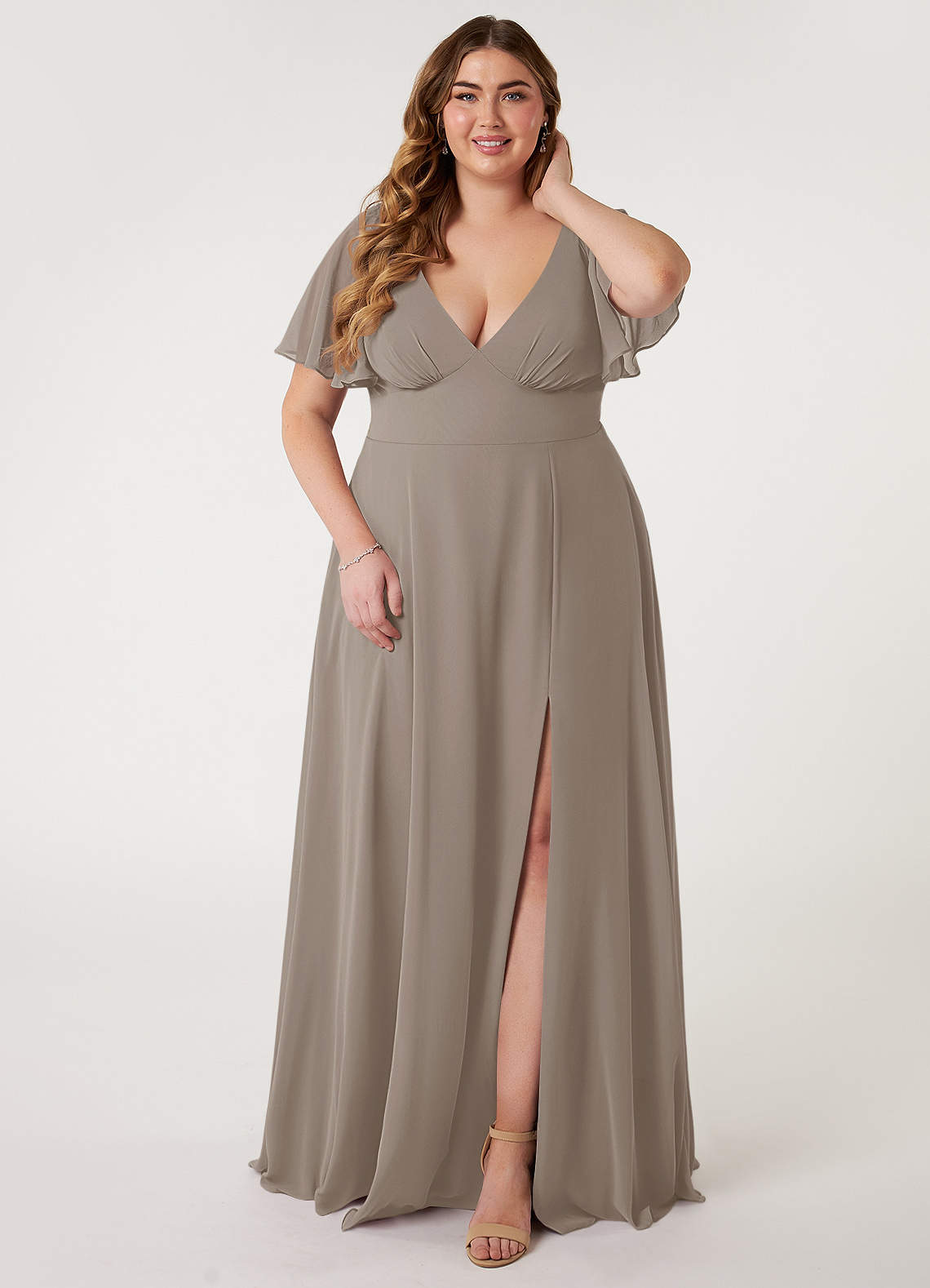 Azazie Kimber Bridesmaid Dresses Taupe A-Line Flounce Sleeve Chiffon Dress image1