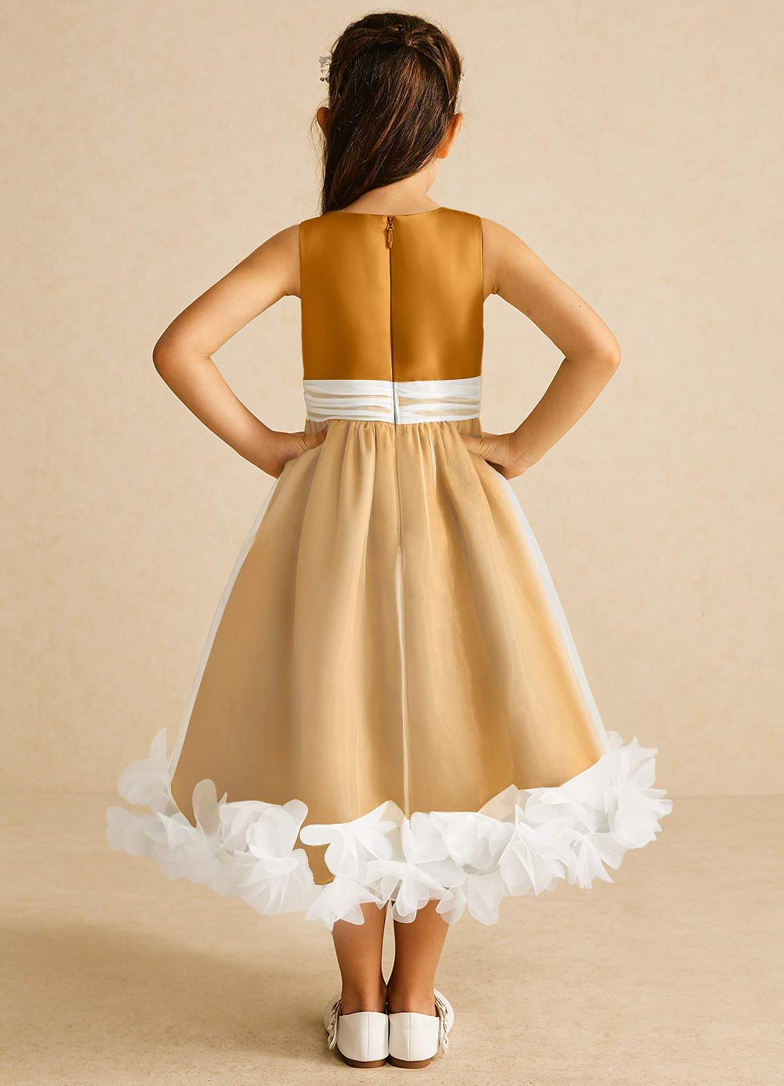 Azazie Stardust Flower Girl Dresses Butterscotch A-Line Sleeveless Organza Dress image3