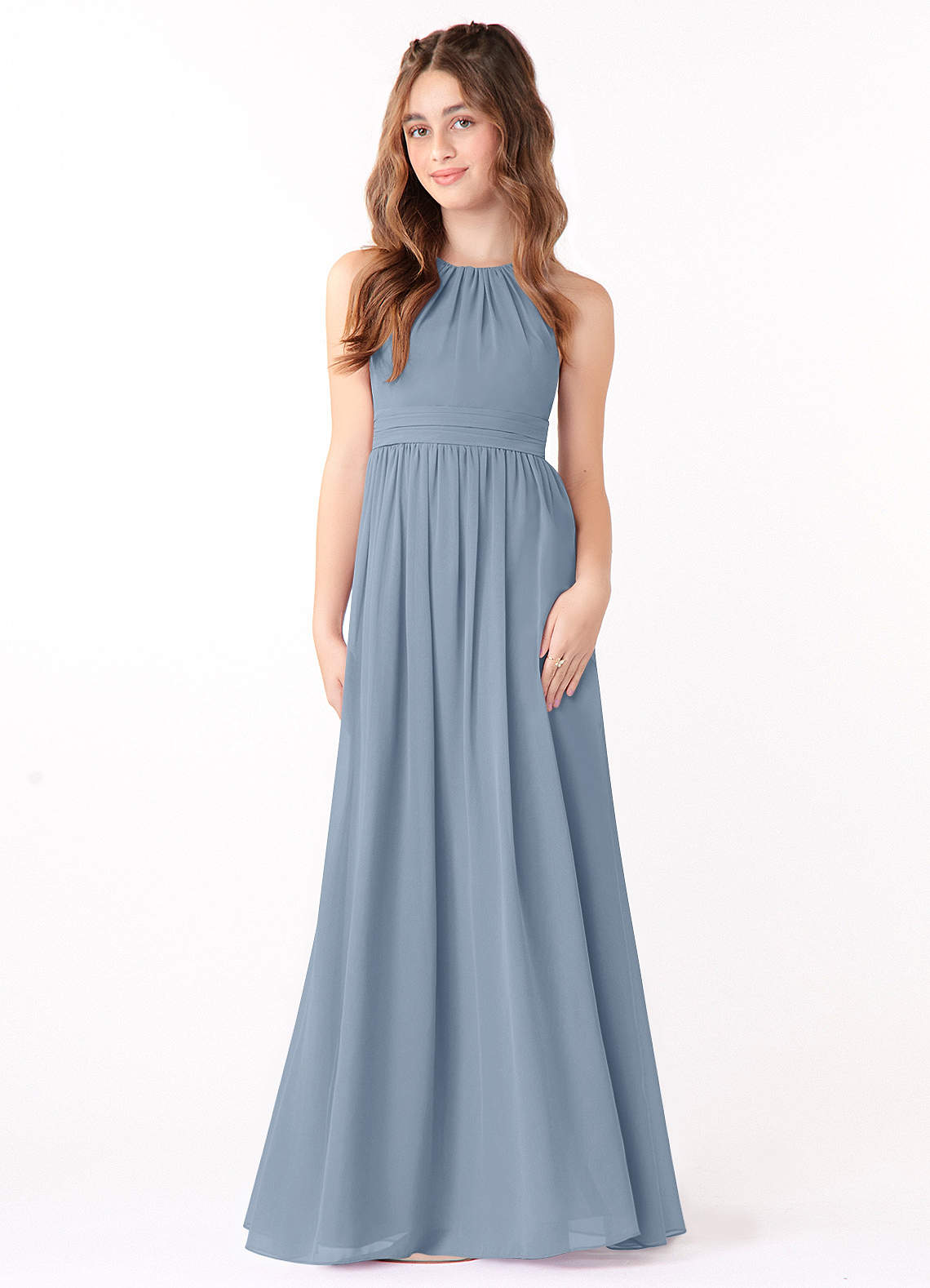 Azazie Jaylah Junior Dusty Blue A-Line Ruched Chiffon Dress image1