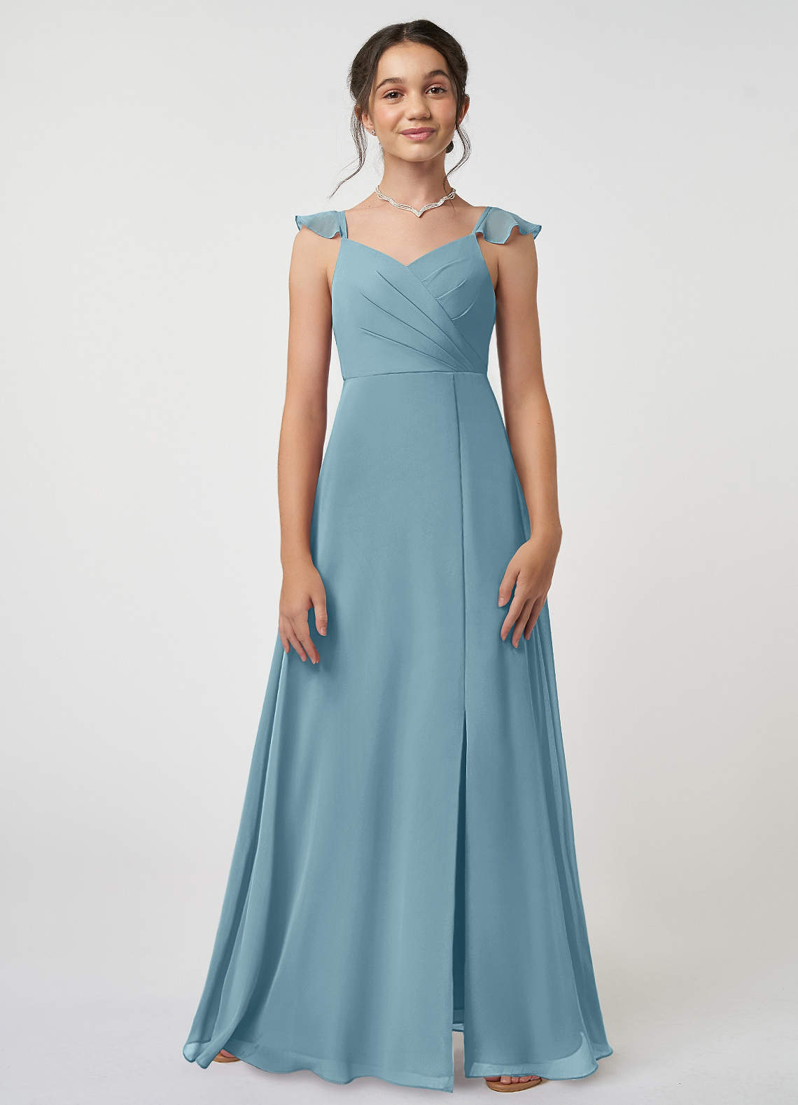 Azazie Amada Junior Abito A-Line in Chiffon Increspato Blu Lunatico image1