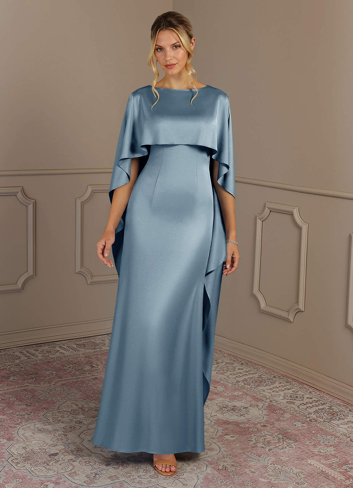 Azazie Eli vestidos de madre de la novia Vestido de Azul Polvoriento de Satén Elástico de Recto con Cuello de barco image3