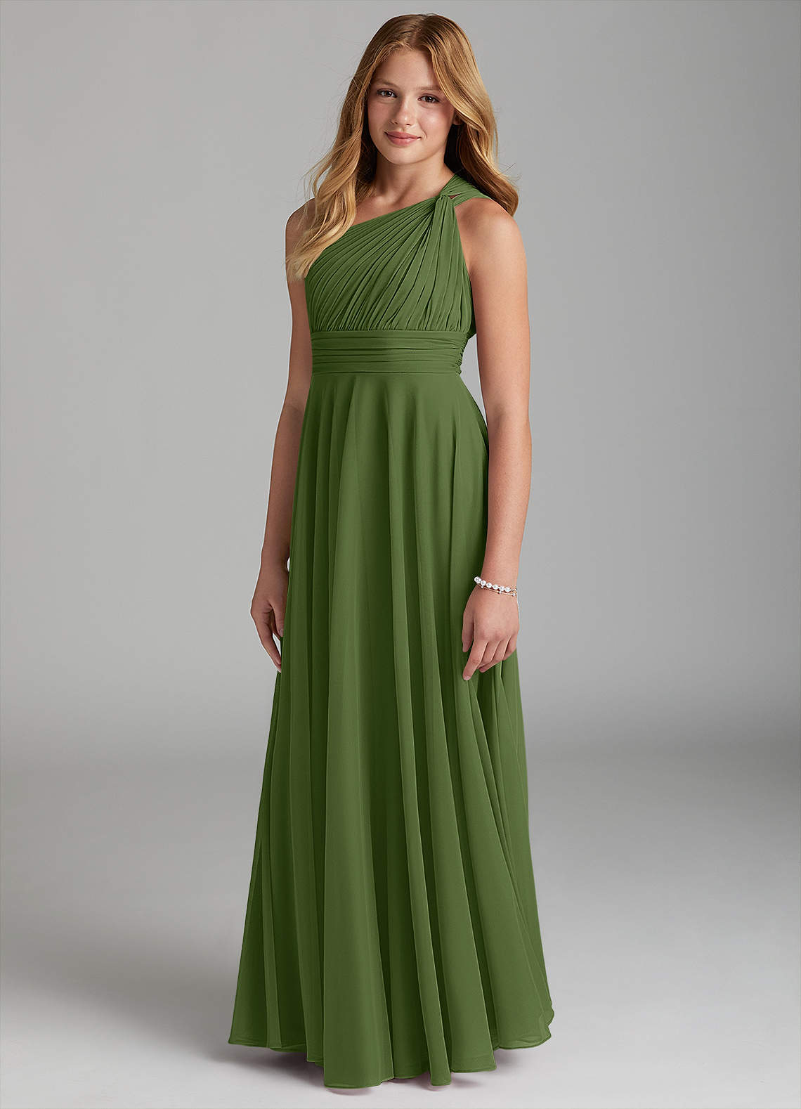 Azazie Charlize Junior Olive A-Line Mesh Dress image1