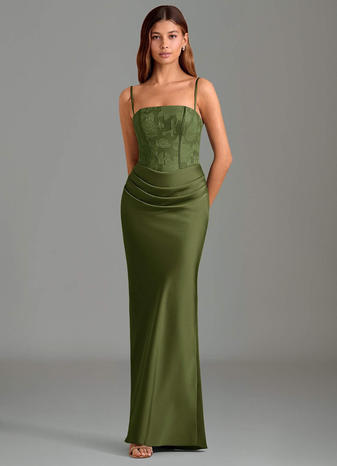 Azazie Emilia Vestidos de madrinha de casamento Vestido Oliva de Cetim elástico de sereia com Sem alças image3
