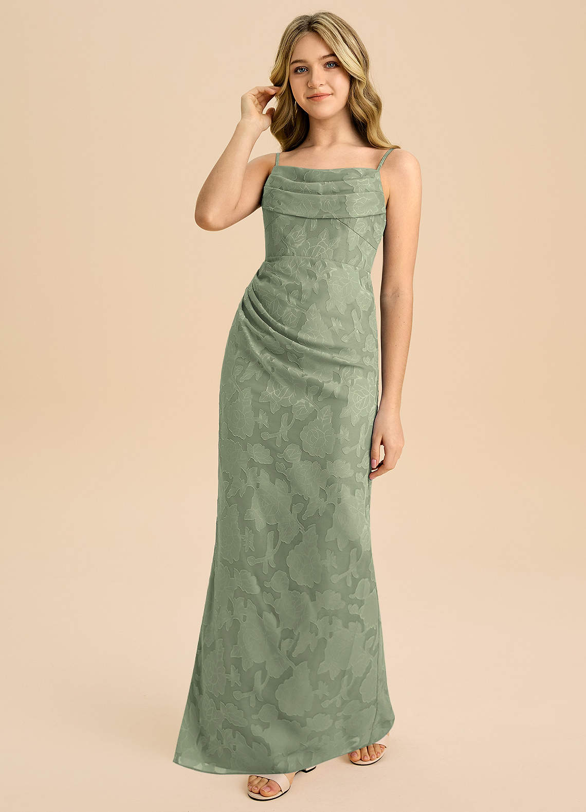 Azazie Mai Junior Agave Sheath Pleated Floral Burnout Dress image5