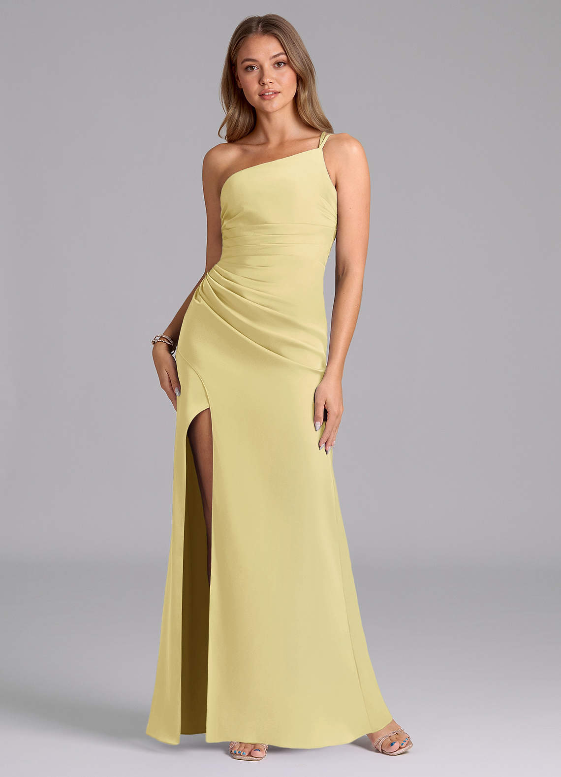 Azazie Eren At-home Try On Dresses Emerald Mermaid One Shoulder Stretch Satin Dress image1