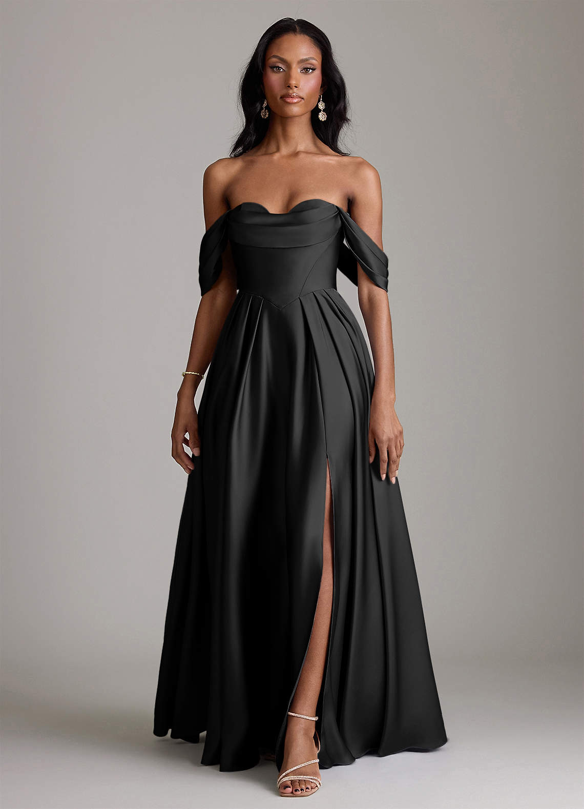 black velvet bridesmaid dresses long Off the Shoulder Black Satin Long Prom Dresses, Black Off Shoulder Sat –  jbydress main image 0