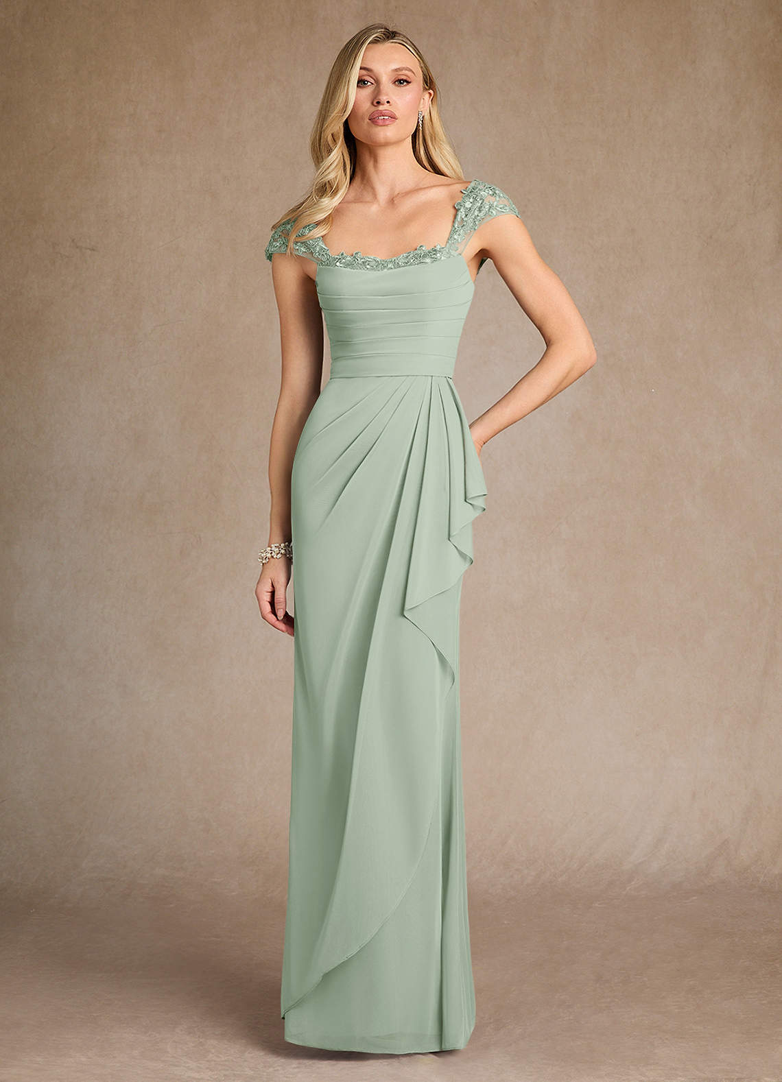 Azazie Belfast Mother of the Bride Dresses Dusty Sage Sheath Lace Mesh Dress image1
