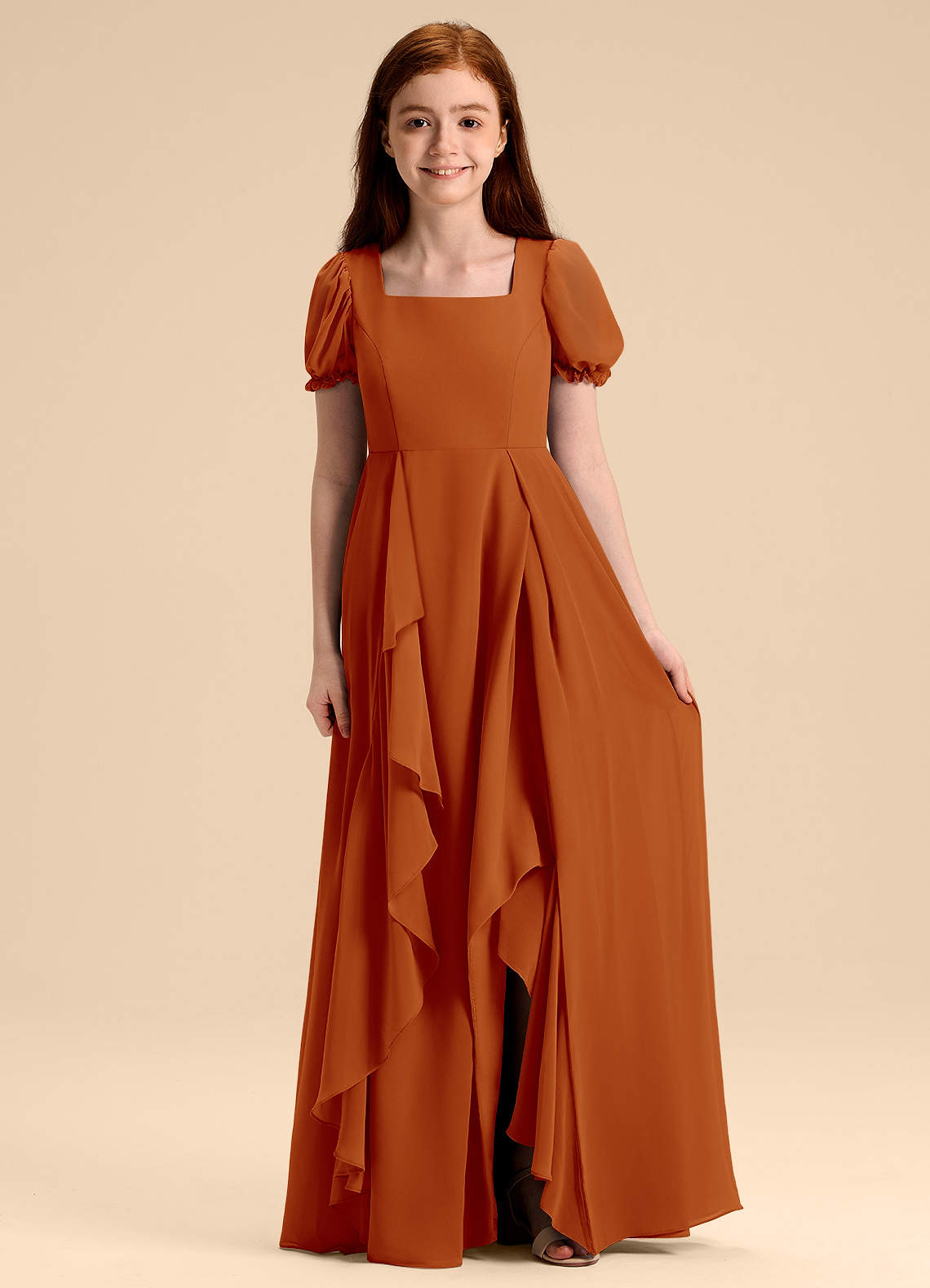 Azazie Priya Junior Abito A-Line in Chiffon Blusa Paprika image1