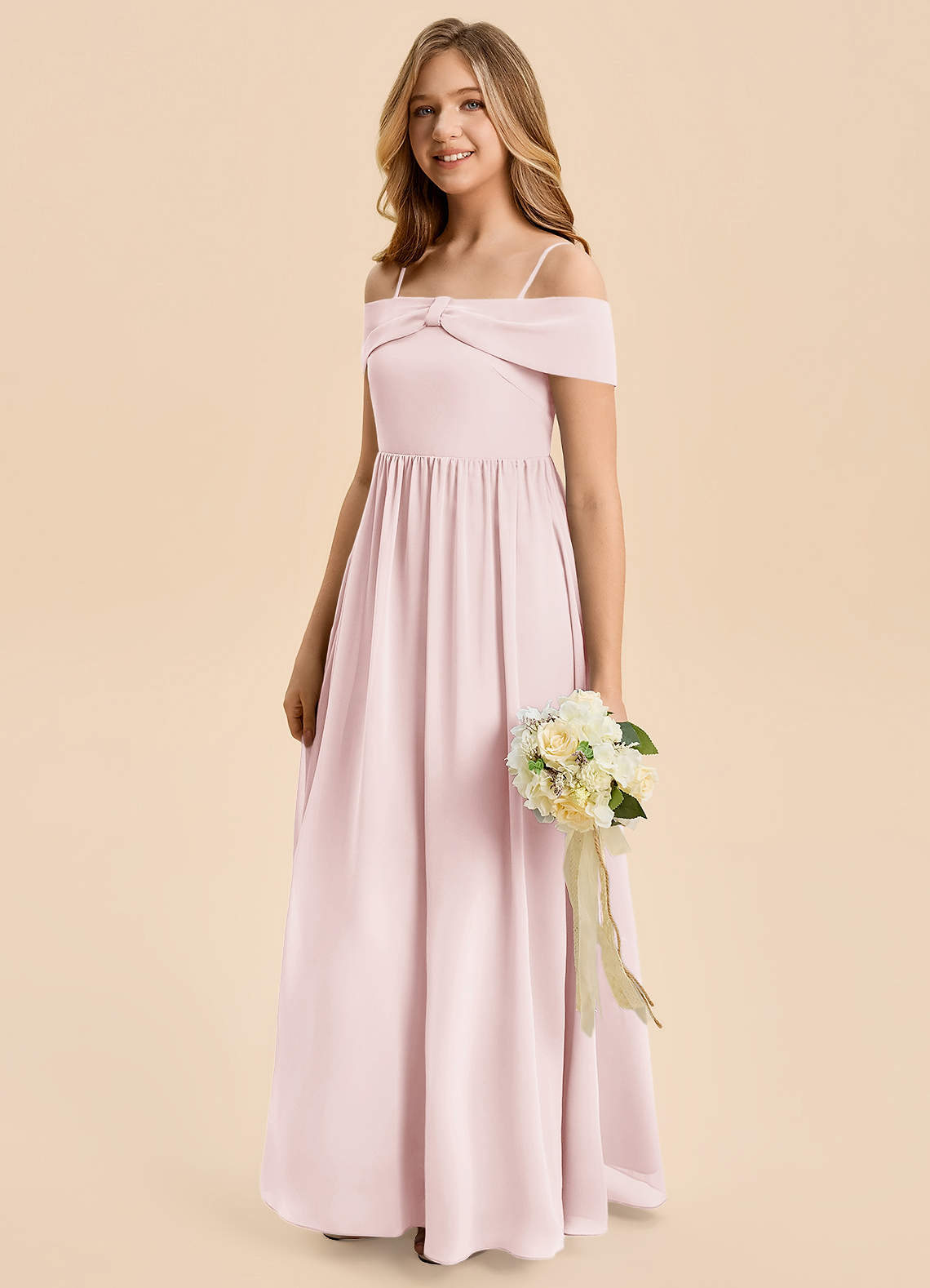 Azazie Coran Junior A-Line Off-Shoulder Chiffon Gulv-længde Junior brudepige Kjole image3