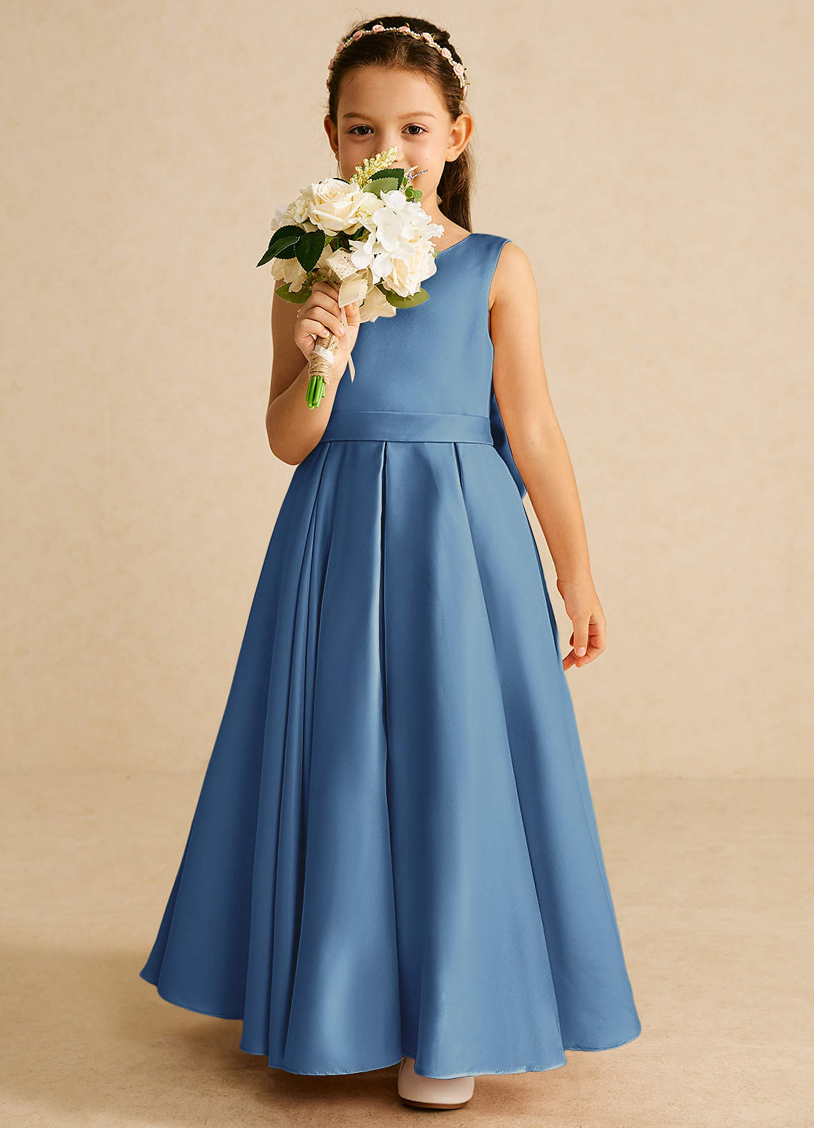 Azazie Pipsy Flower Girl Dresses Steel Blue A-Line Bow Matte Satin Dress image4