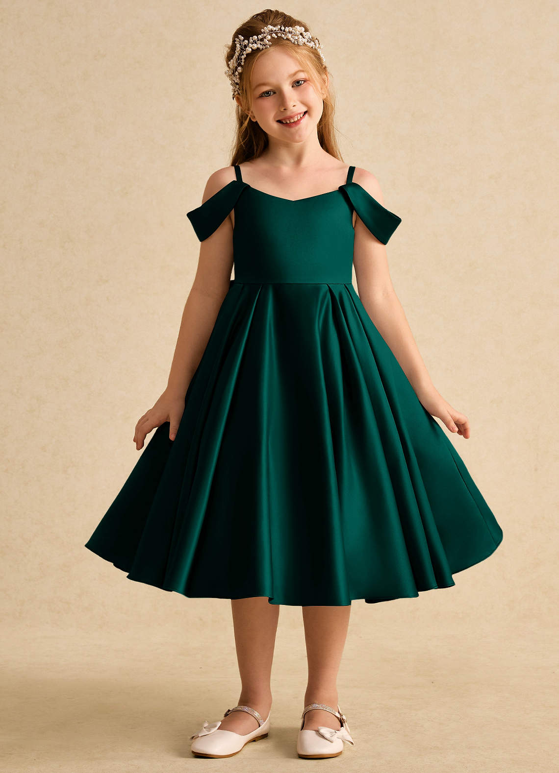Azazie Favia Flower Girl Dresses Pine A-Line Off the Shoulder Matte Satin Dress image1