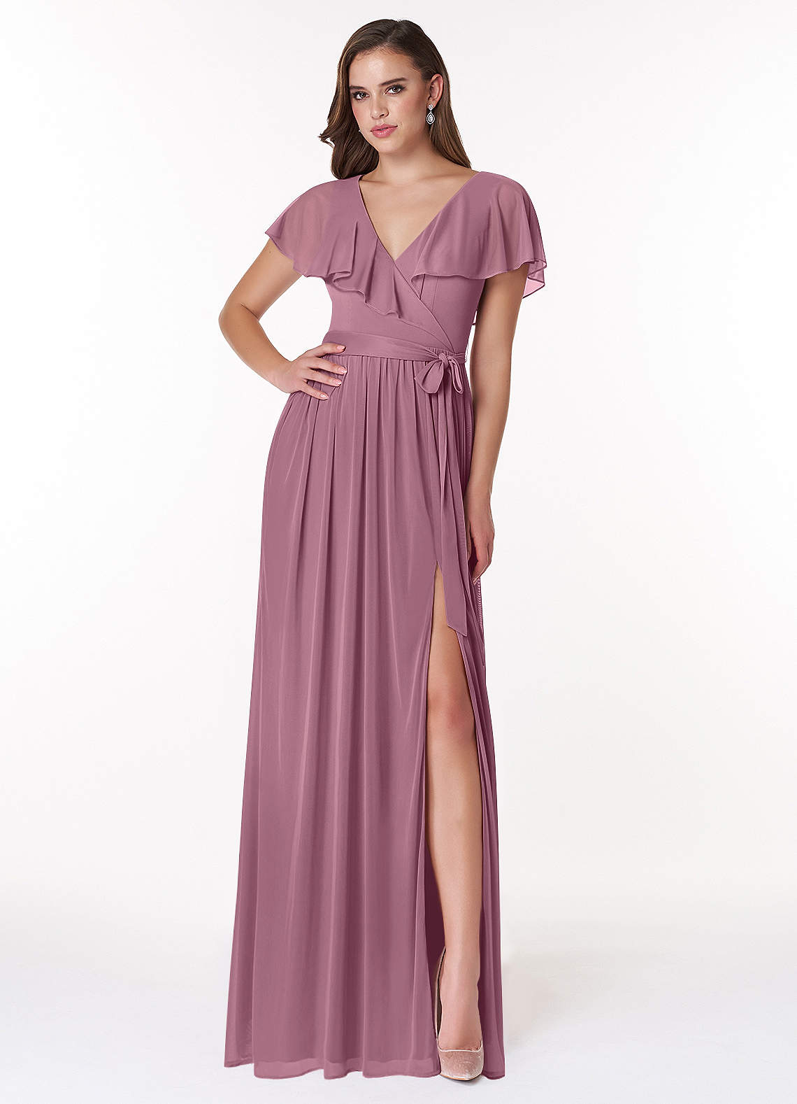 Azazie Jael Bridesmaid Dresses Vintage Mauve A-Line V-Neck Mesh Dress image1