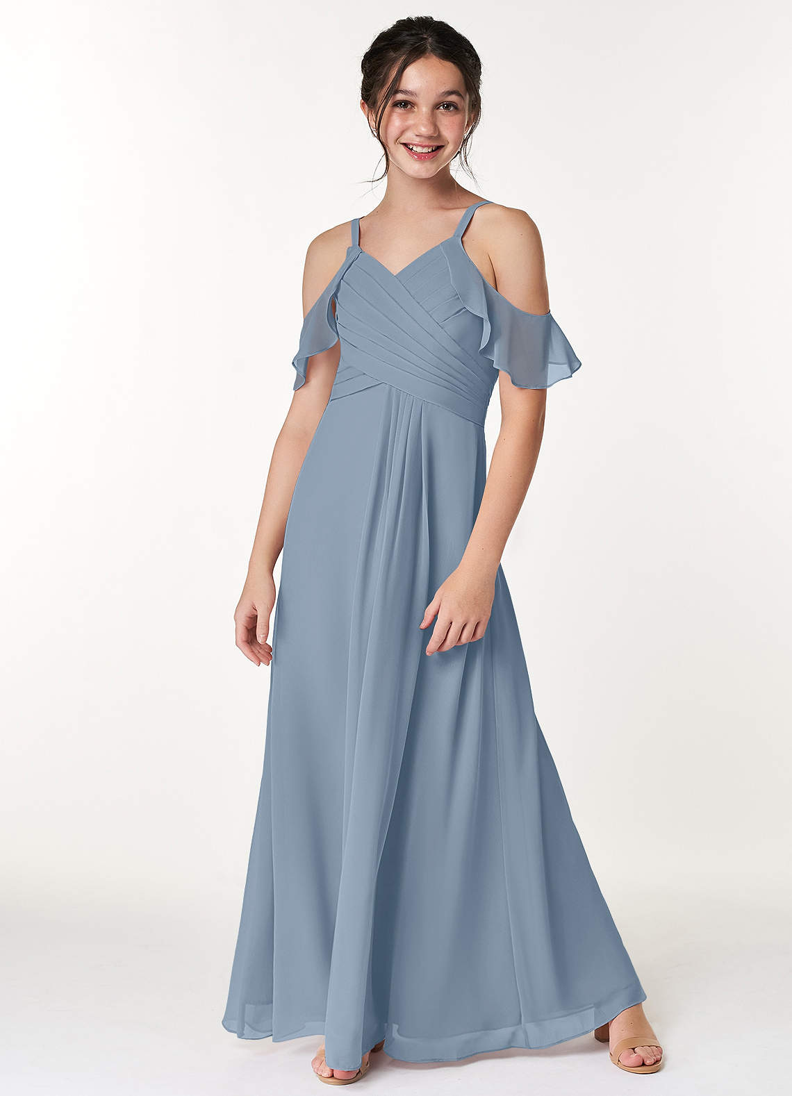 Azazie Dakota Junior Dusty Blue A-Line Off the Shoulder Chiffon Dress image3