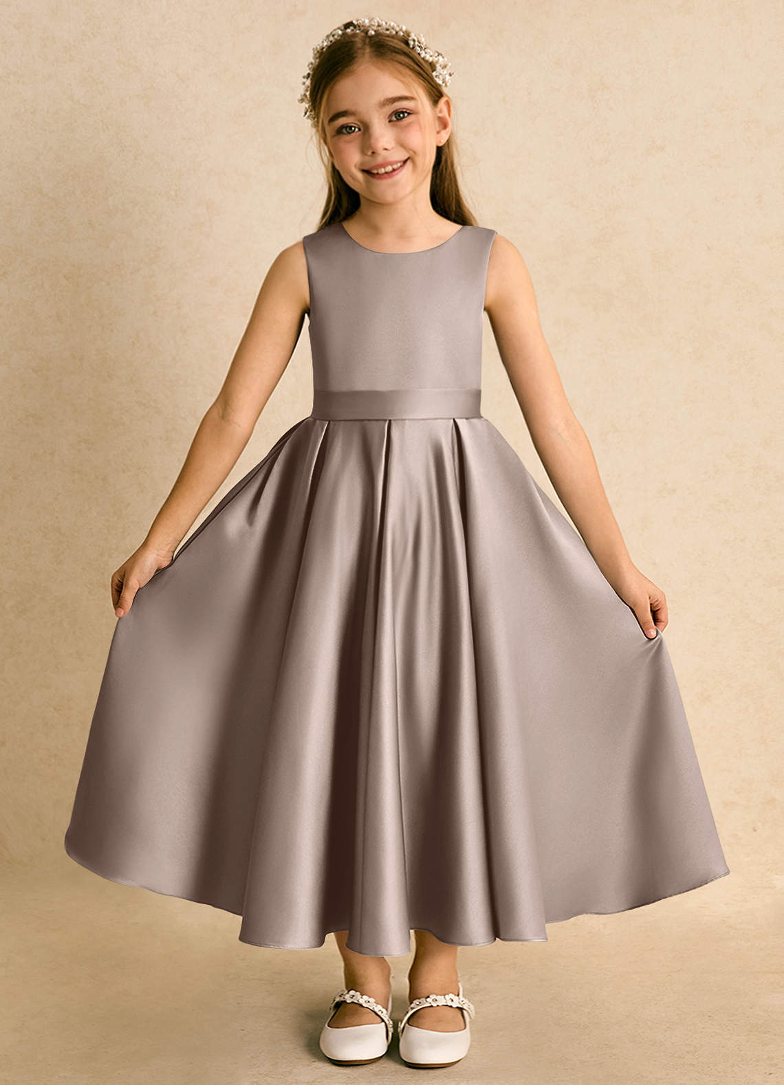 Azazie Junebuj vestidos de niña de las flores Vestido de Gris Pardo de Satin Mate de Princesa con Plisado image3