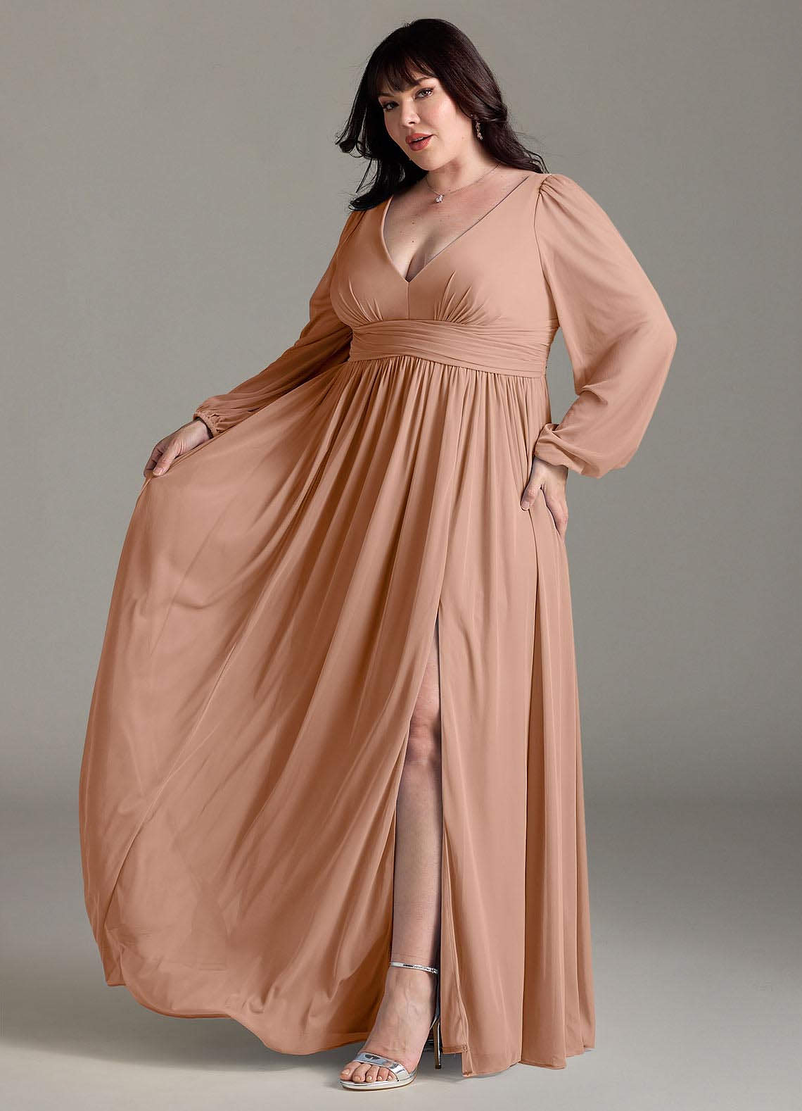 peach long sleeve bridesmaid dresses Azazie Norah Champagne Rose Chiffon Bridesmaid Dresses