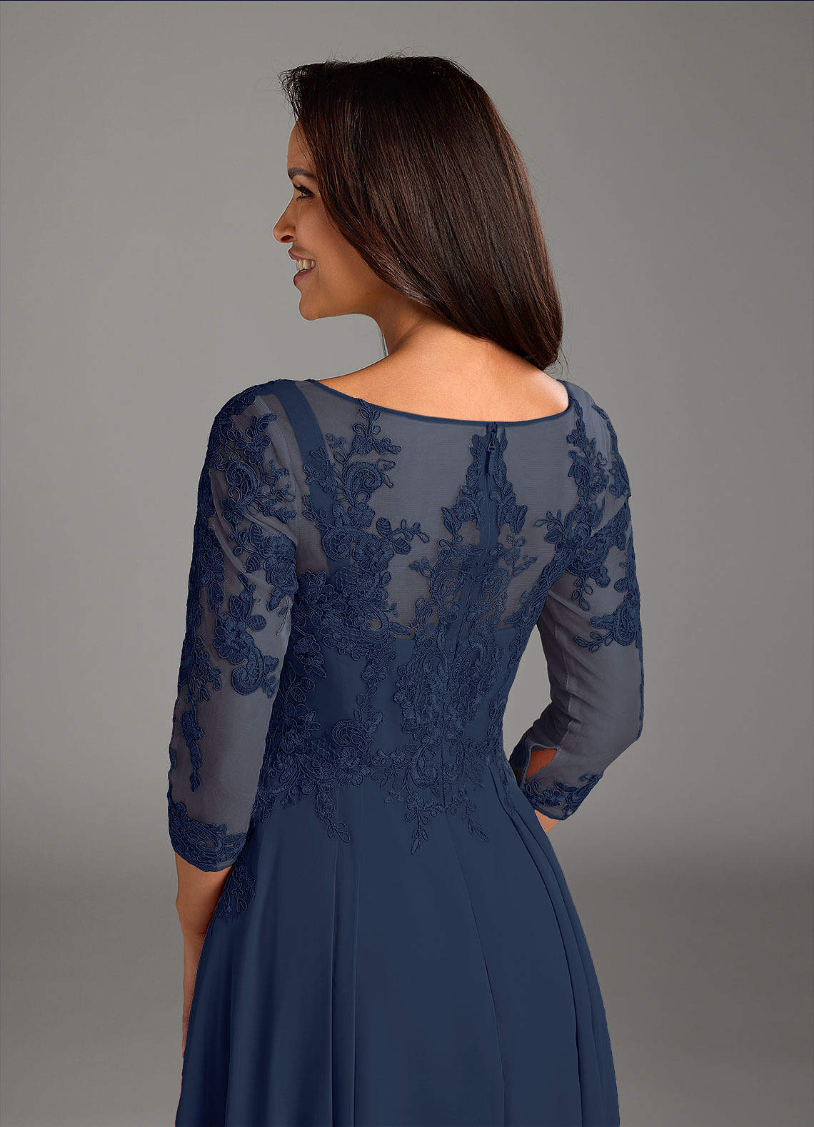 Azazie Marge Mother of the Bride Dresses Dark Navy A-Line Scoop Lace Chiffon Dress image3