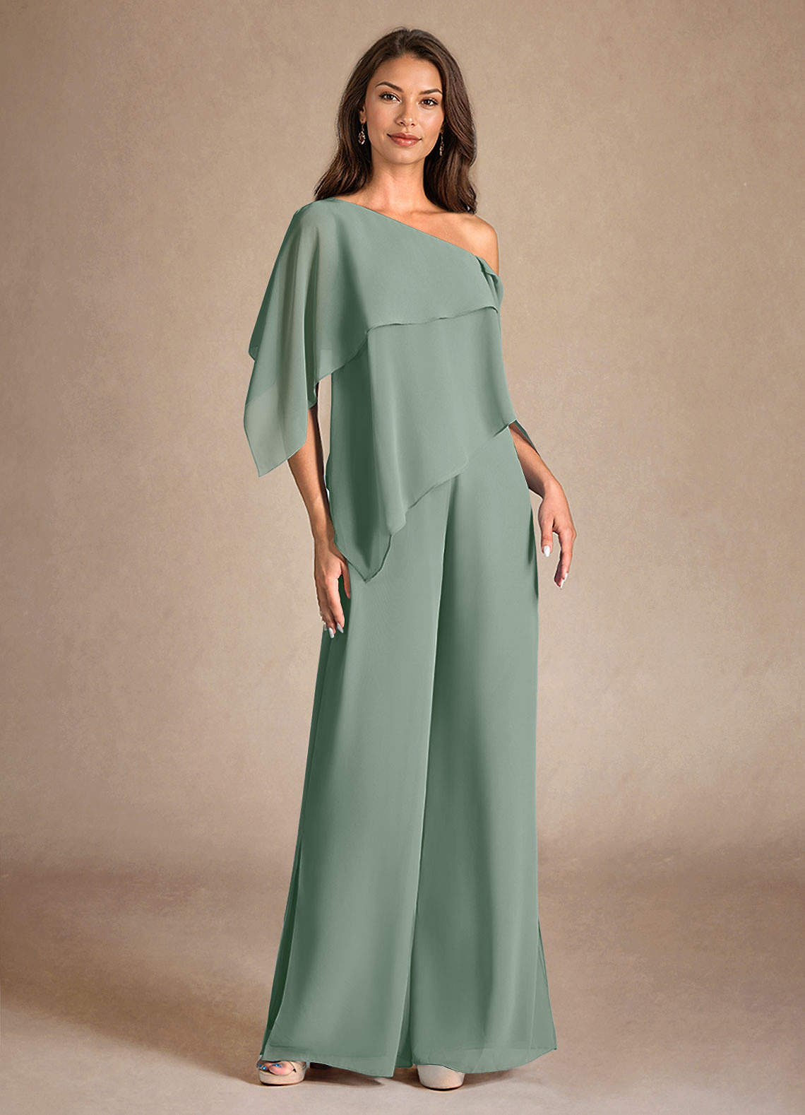 Azazie Halima Vestidos para mãe da noiva Vestido Sálvia Prateada de Chiffon de Macacão/terninho com Fenda Lateral image6