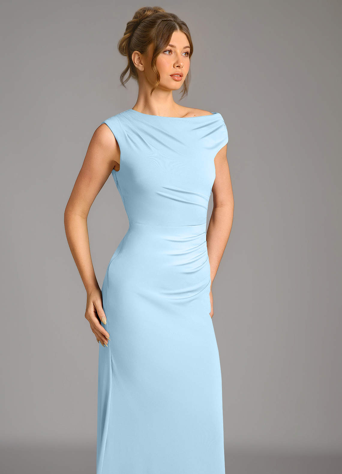 Azazie Nazanin At-home Try On Dresses Sky Blue Mermaid Off the Shoulder Premium Stretch Jersey Dress image6