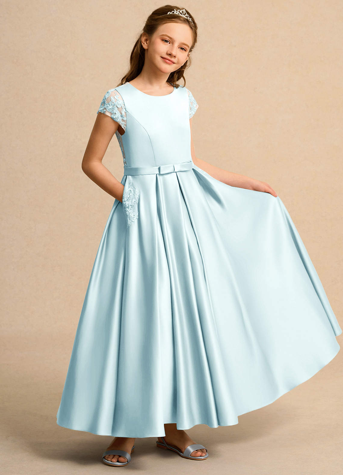 Azazie Ball-Gown Scoop Neck Ankle-Length Lace Flower Girl Dresses - Sea Glass