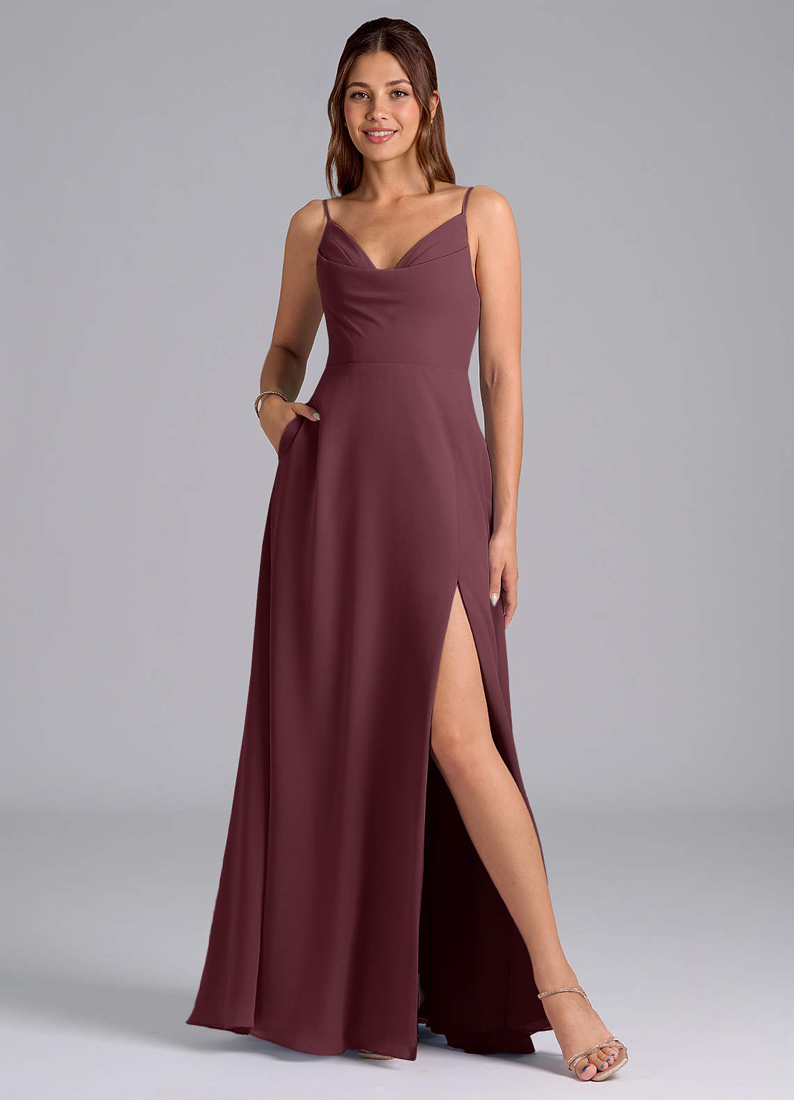 Azazie Sarella Bridesmaid Dresses Sangria A-Line with Pockets Chiffon Dress image1