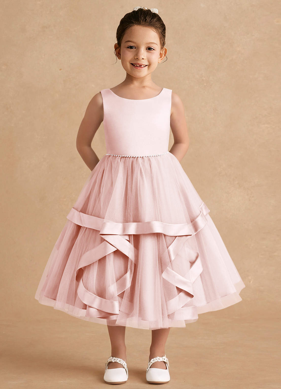 Azazie Posy Robe Demoiselle D'honneur Fillette Robe Trapèze en Tulle Perlé Rose Pâle image1