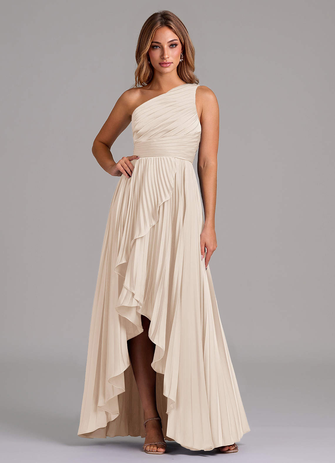 Azazie Lyrica Bridesmaid Dresses White Alabaster A-Line One Shoulder Stretch Satin Dress image1