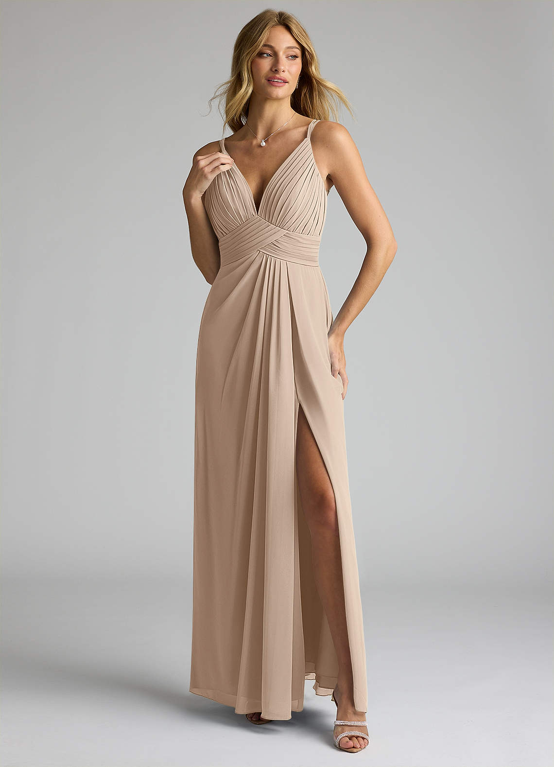 Azazie Maren Allure Bridesmaid Dresses Taupe A-Line V-Neck Lace Chiffon Dress image1