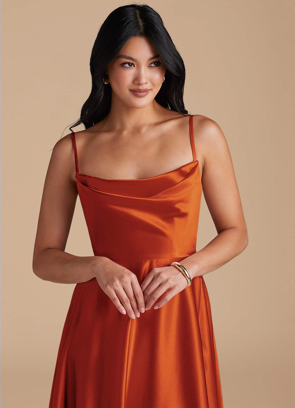 Azazie A-Line Cowl Neck Floor-Length Metallic Satin Bridesmaid Dresses - Paprika