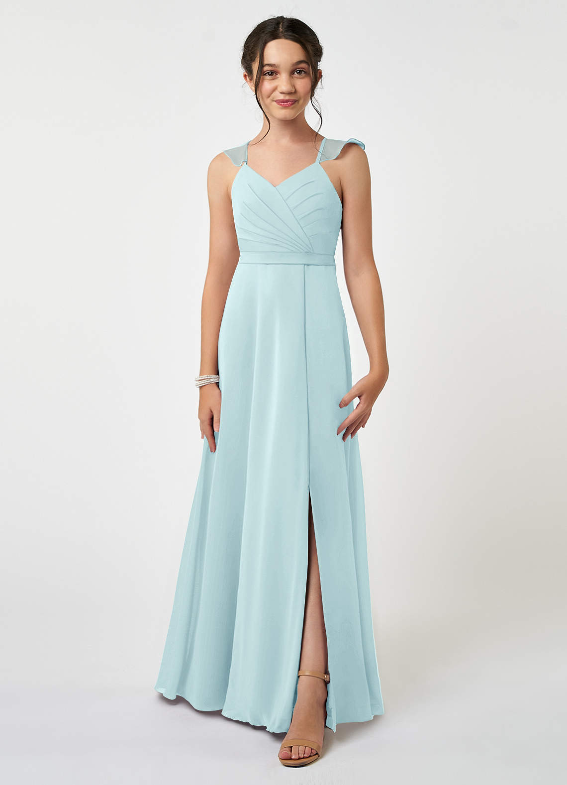 Azazie Emily Junior A-Linie Gestreift Chiffon Kleid Seegrün image1