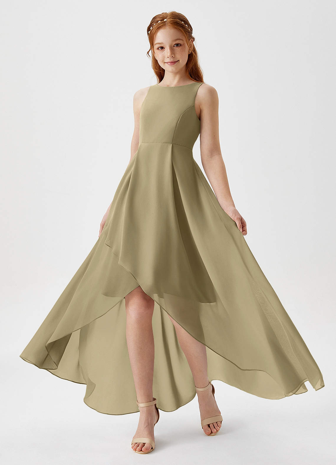 Azazie Lizette Junior Moss Green A-Line Pleated Chiffon Dress image1