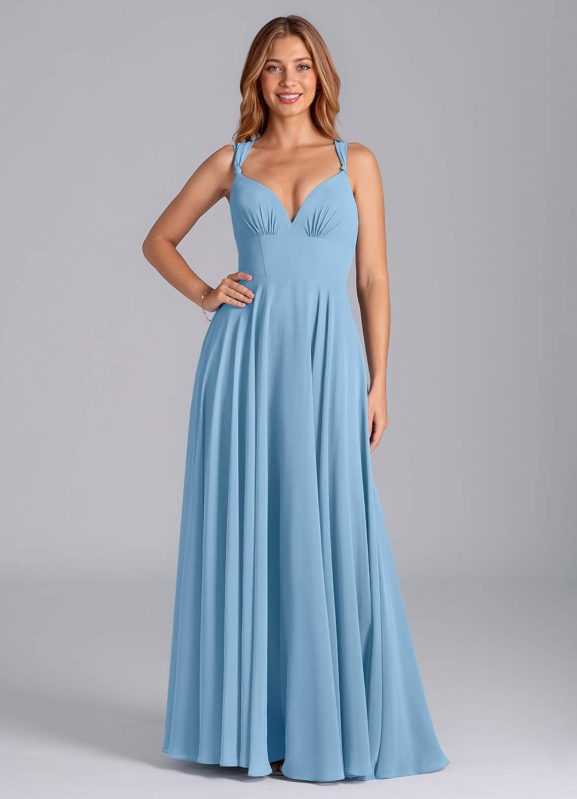 Azazie Darana Jurken voor bruidsmeisjes Jurk van Chiffon met A-Lijn Korset Staal Blauw image1