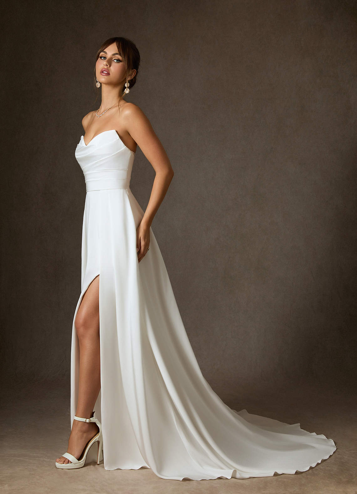 Azazie Marisela Wedding Dresses Diamond White A-Line Sequins Crepe Back Satin Dress image4